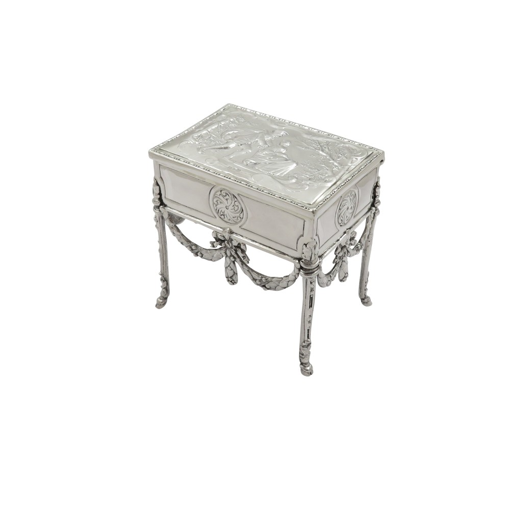 Antique Edwardian Sterling Silver Trinket Box on Legs with Scene 1903