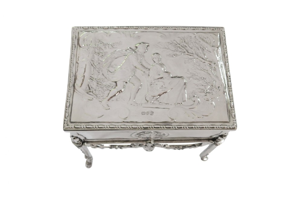 Antique Edwardian Sterling Silver Trinket Box on Legs with Scene 1903 View III