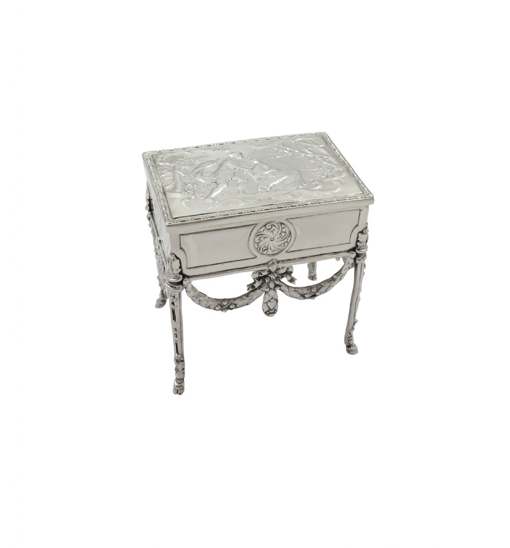Antique Edwardian Sterling Silver Trinket Box on Legs with Scene 1903 View VI