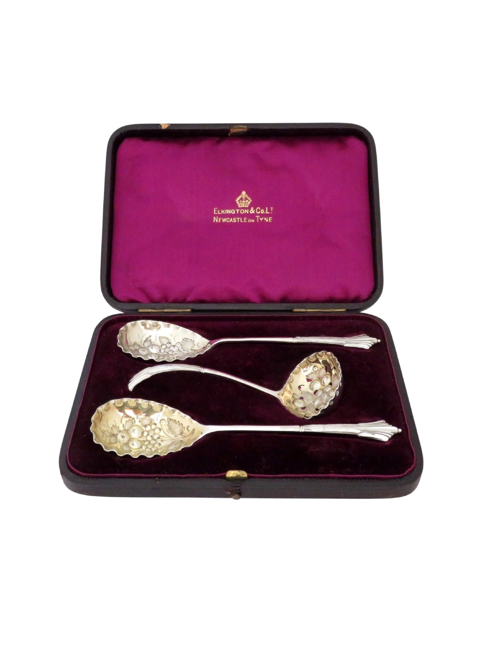 Set of 3 Antique Victorian Sterling Silver Berry Spoons & Sifter in Case 1898 View X