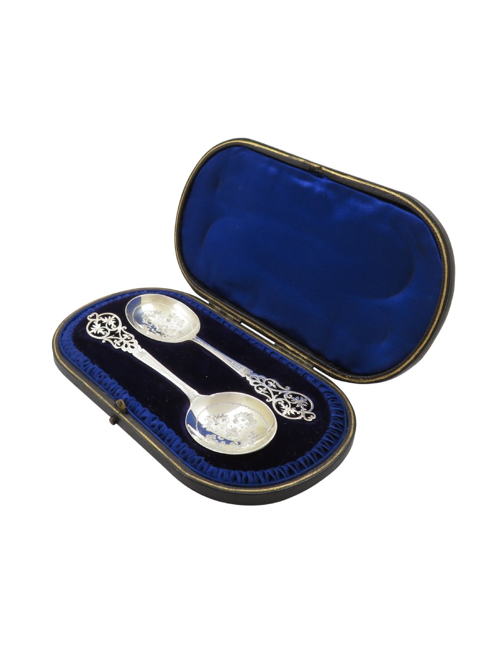 Pair of Antique Edwardian Sterling Silver Jam / Preserve Spoons in Case 1900/04 View X