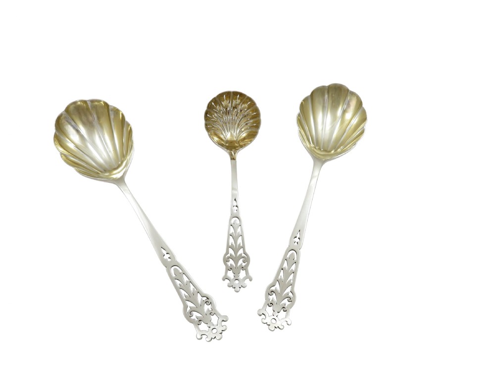Set of 3 Antique Edwardian Sterling Silver Serving Spoons in Case 1905 View II
