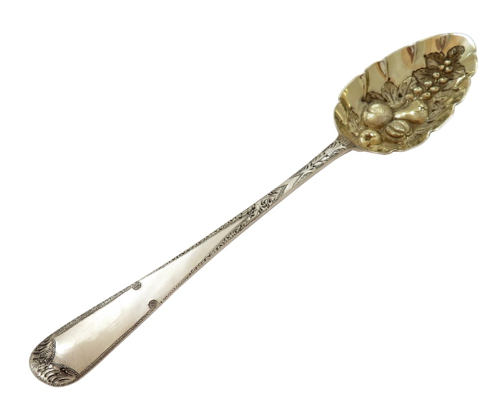 Pair of Antique Georgian Sterling Silver Berry Spoons in Case 1799 View VIII