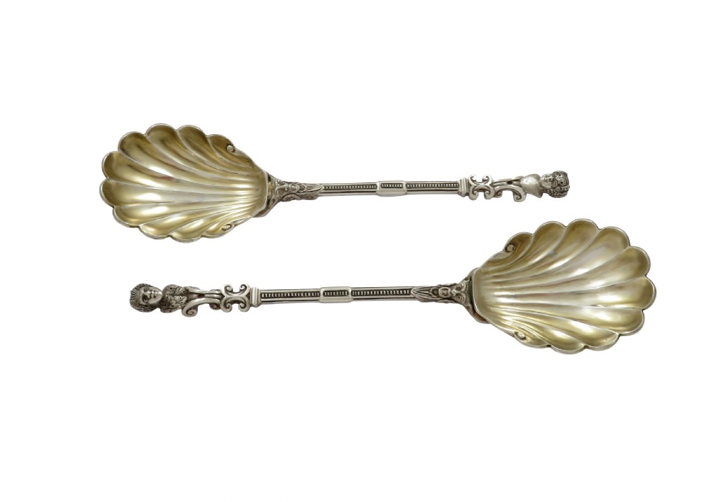 Unusual Pair of Antique Edwardian Sterling Silver Serving Spoons in Case 1903 View IX