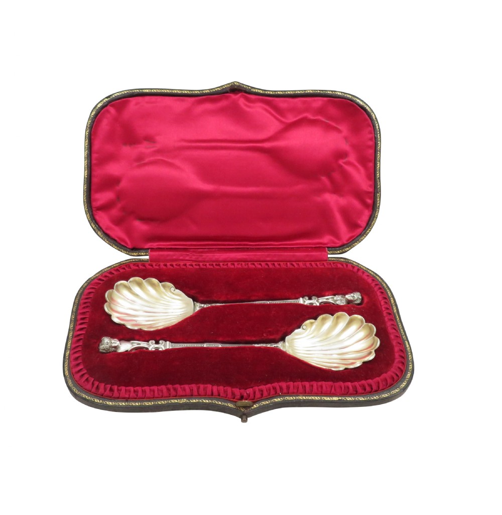 Unusual Pair of Antique Edwardian Sterling Silver Serving Spoons in Case 1903 View XI