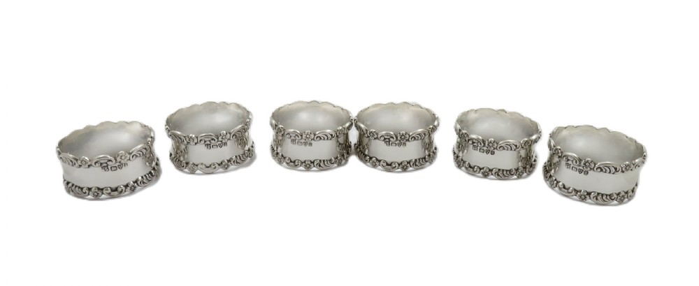 Set of 6 Antique Edwardian Sterling Silver Napkin Rings in Case 1903 View VI