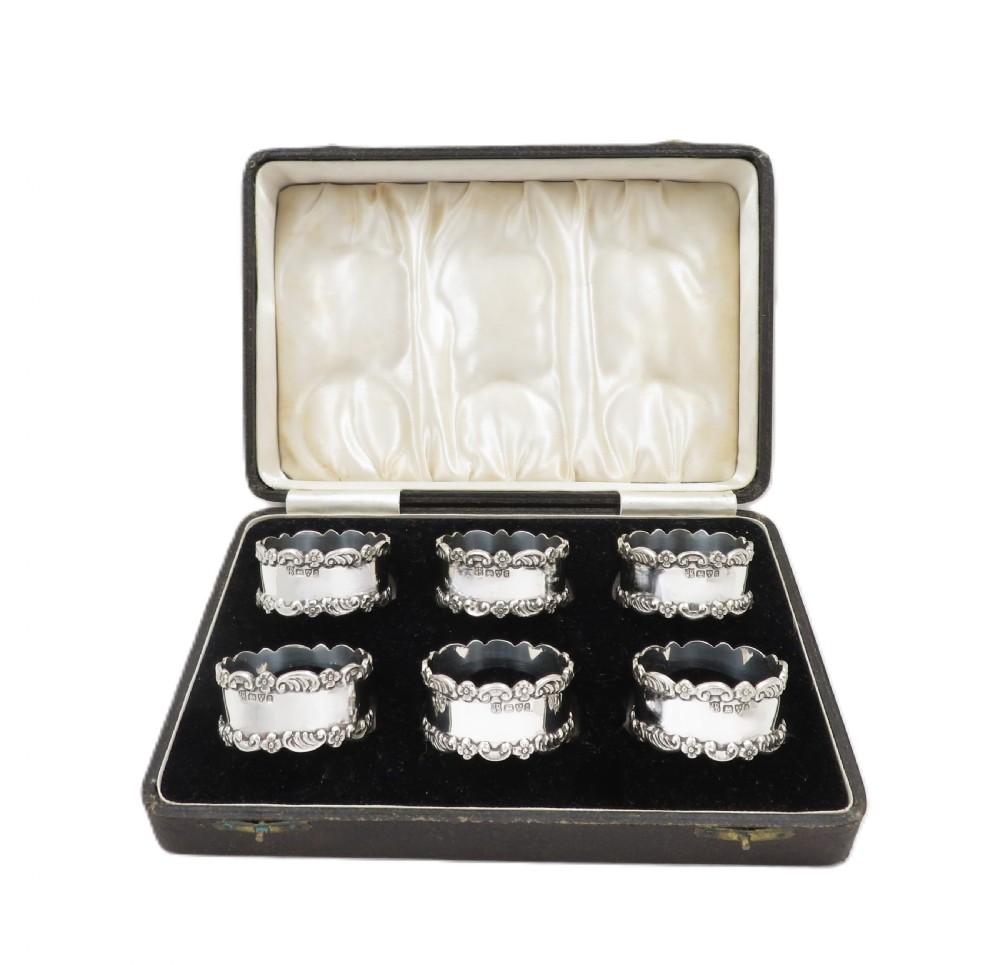 Set of 6 Antique Edwardian Sterling Silver Napkin Rings in Case 1903 View VII