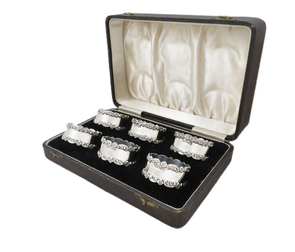 Set of 6 Antique Edwardian Sterling Silver Napkin Rings in Case 1903 View IX