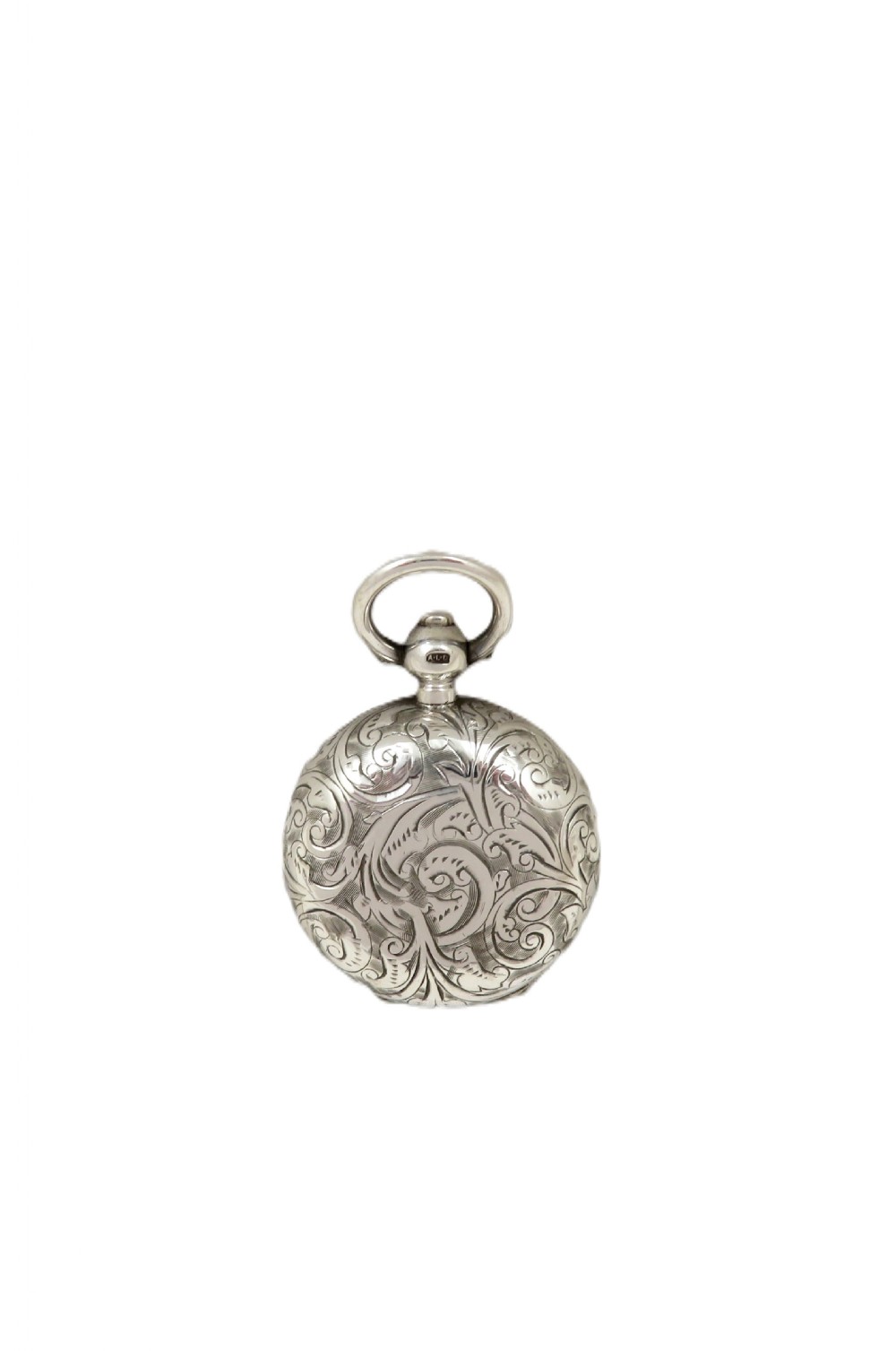 A circular Edwardian sterling silver sovereign case decorated with hand-engraved foliate scrollwork and featuring a top suspension ring. View IV