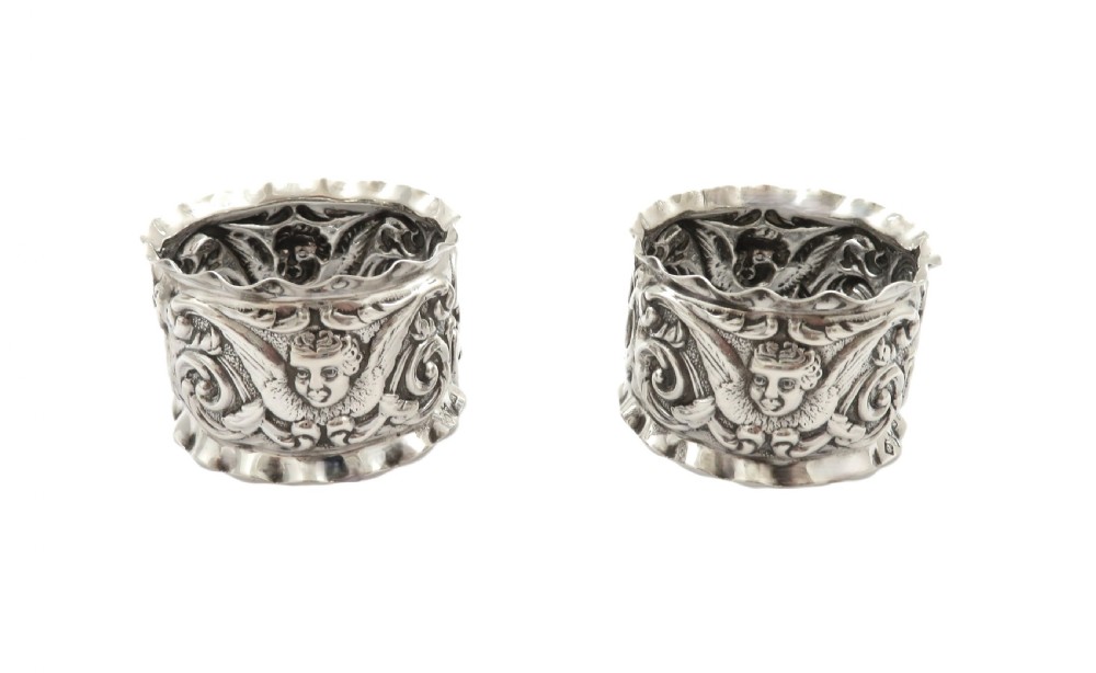 Pair of Antique Victorian Sterling Silver 'Angels' Napkin Rings in Case 1898 View II
