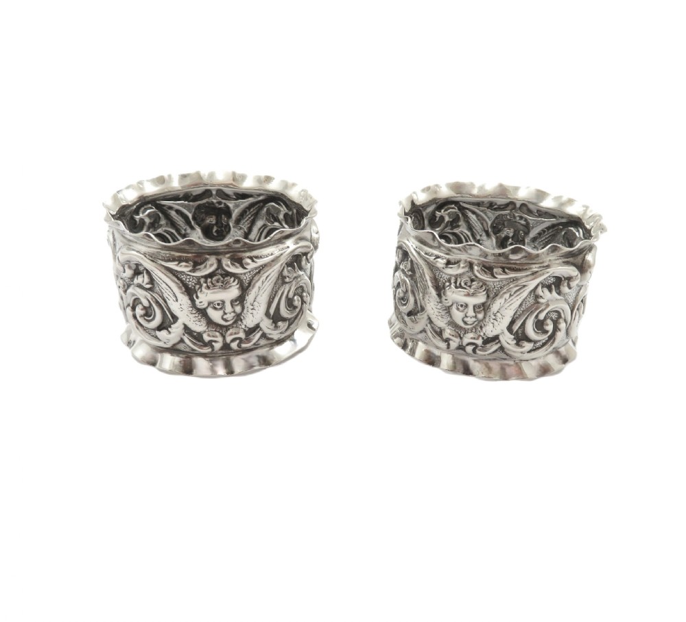 Pair of Antique Victorian Sterling Silver 'Angels' Napkin Rings in Case 1898 View V