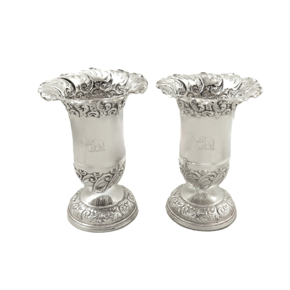 Pair of Antique Victorian Sterling Silver 'Elephant' Vases 1897