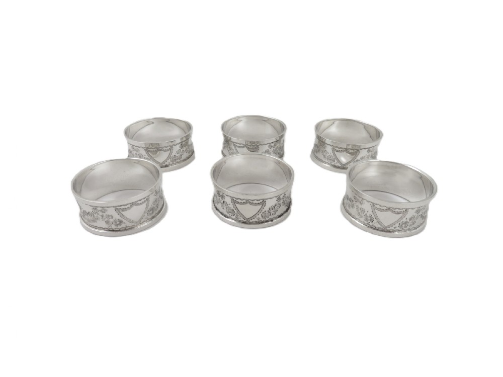 Set of 6 Antique Victorian Sterling Silver Napkin Rings in Case 1899 View II