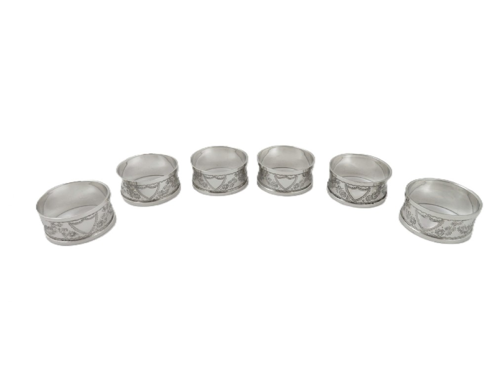 Set of 6 Antique Victorian Sterling Silver Napkin Rings in Case 1899 View VII