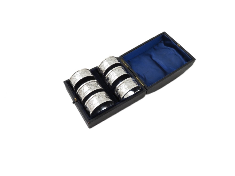Set of 6 Antique Victorian Sterling Silver Napkin Rings in Case 1899 View X