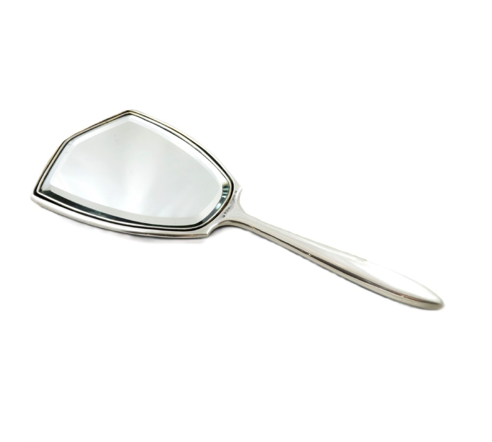 Antique Art Deco Sterling Silver Blue Enamel Hand Mirror 1928 View IV