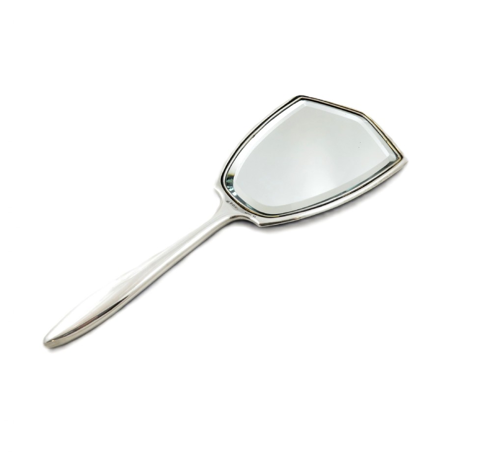Antique Art Deco Sterling Silver Blue Enamel Hand Mirror 1928 View VI