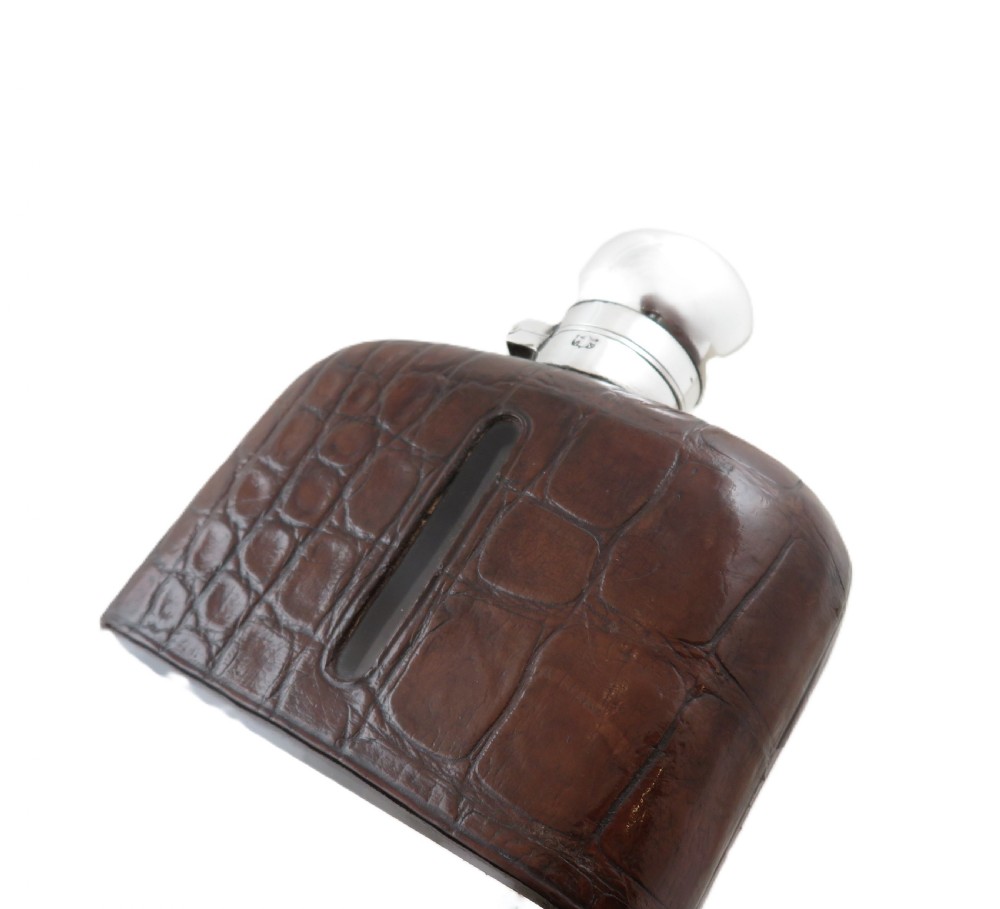 Antique Victorian Silver Plated & Crocodile Leather Hip Flask c1890 View IV