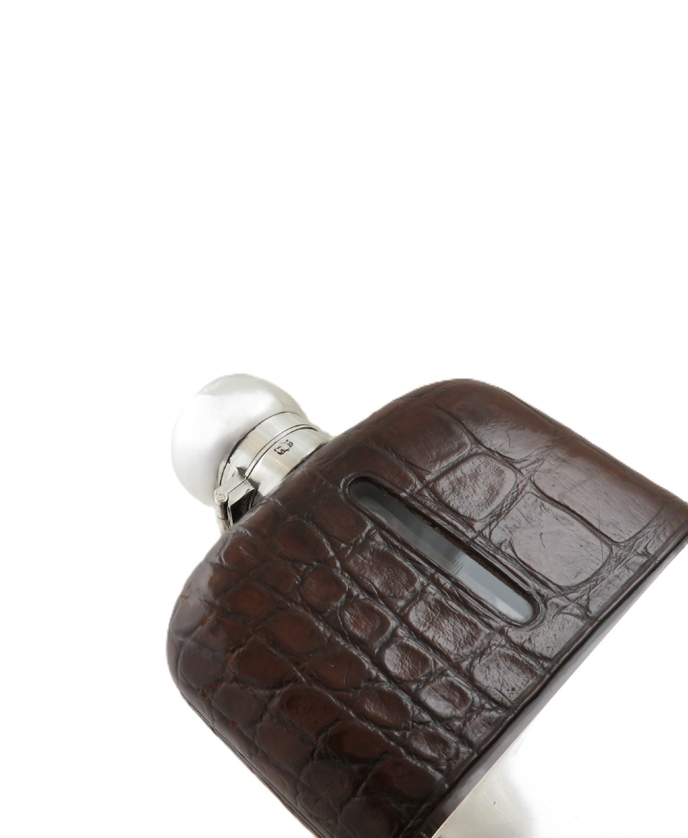 Antique Victorian Silver Plated & Crocodile Leather Hip Flask c1890 View VII