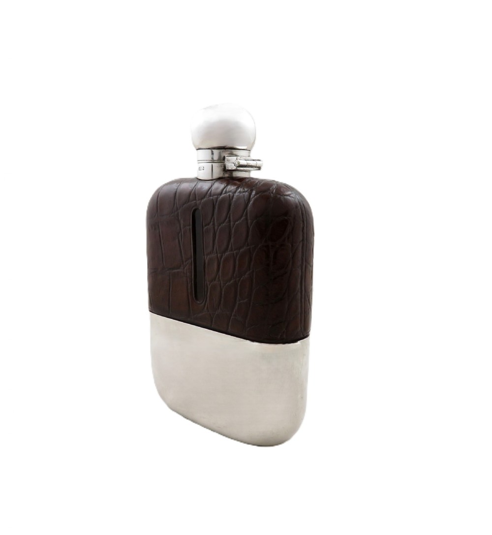Antique Victorian Silver Plated & Crocodile Leather Hip Flask c1890 View X