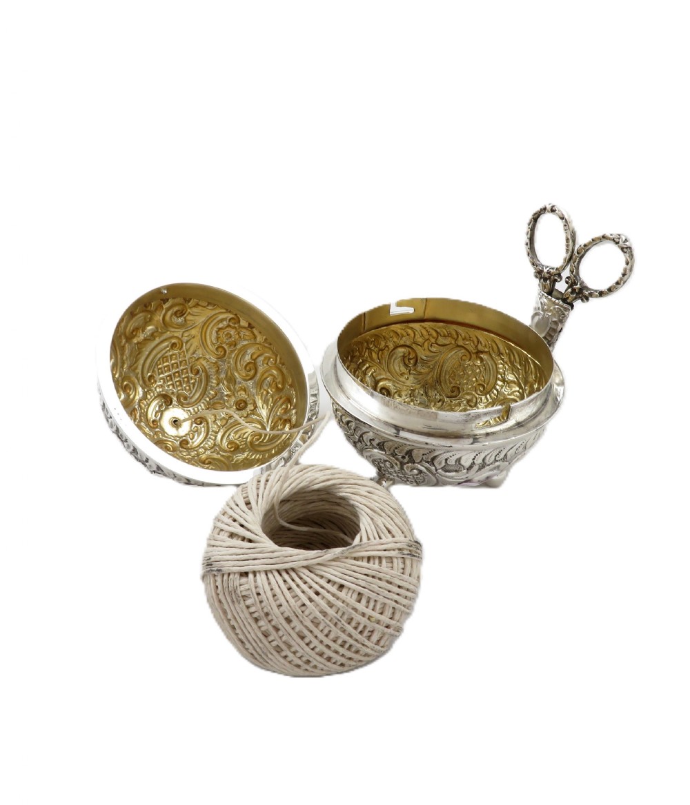 Antique Victorian Sterling Silver String Box with Scissors 1898 View III