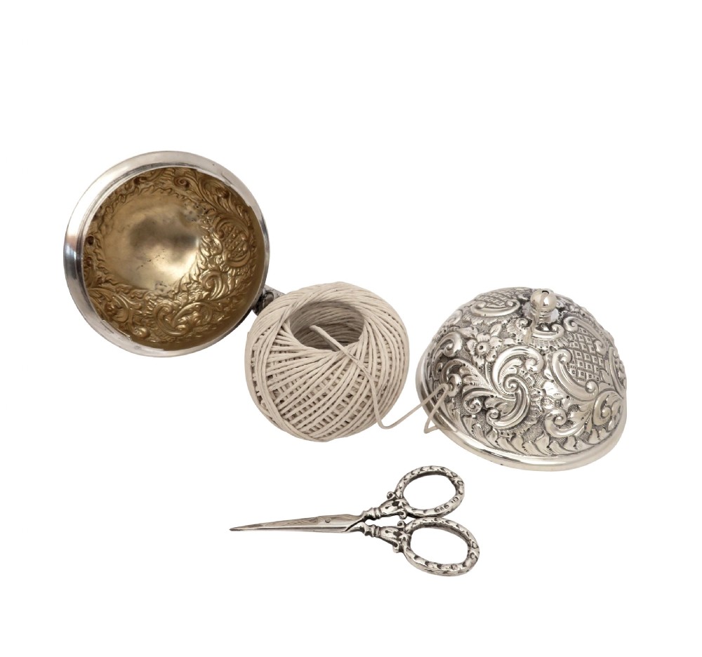 Antique Victorian Sterling Silver String Box with Scissors 1898 View V