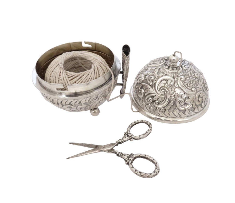 Antique Victorian Sterling Silver String Box with Scissors 1898 View IX