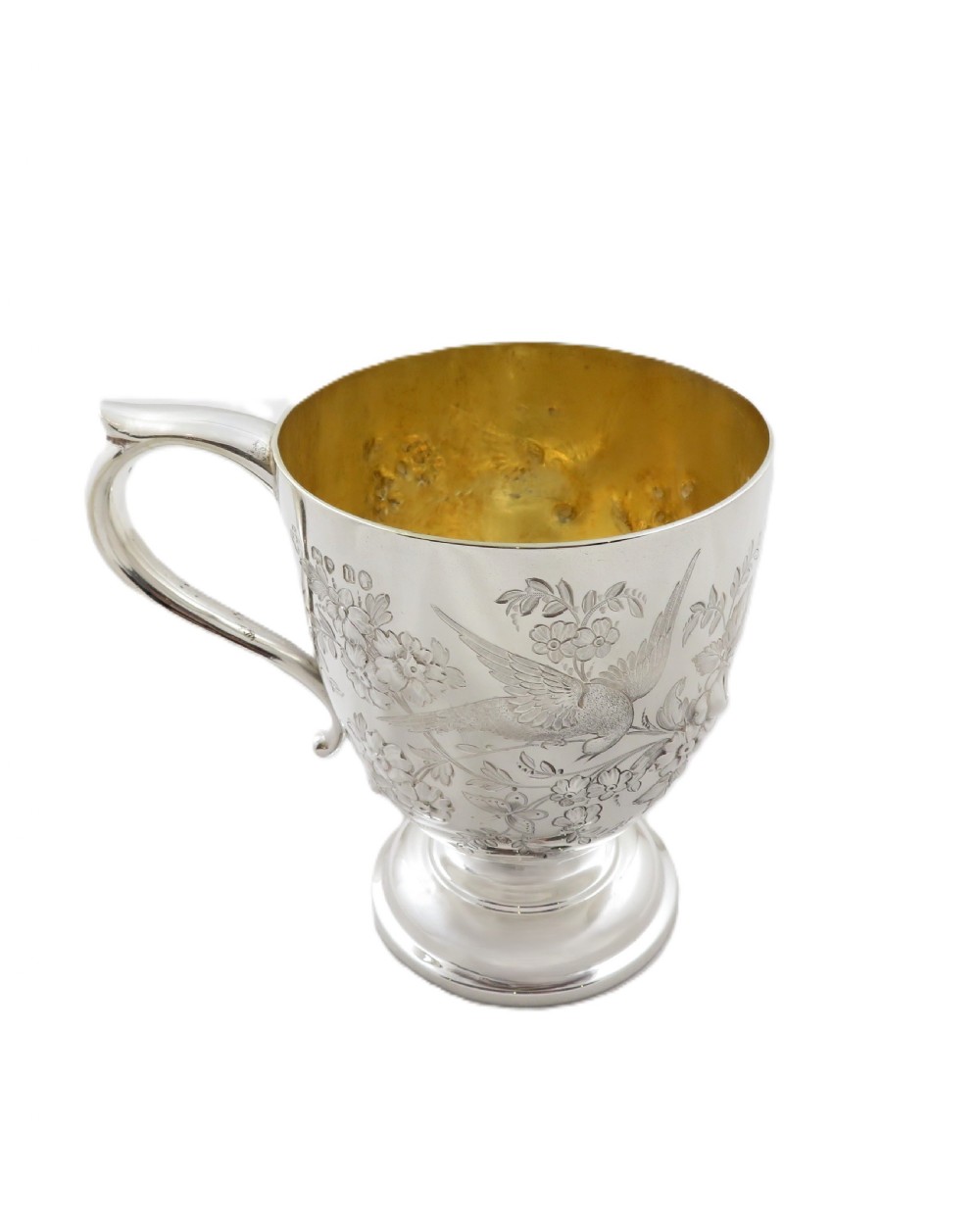 Antique Victorian Sterling Silver 'Birds' Christening Mug in Case View III