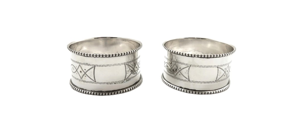 Pair of Antique Victorian Sterling Silver Napkin Rings in Case 1882 View III