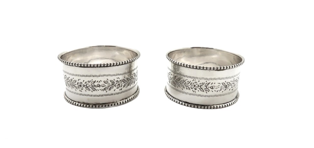 Pair of Antique Victorian Sterling Silver Napkin Rings in Case 1882 View VI