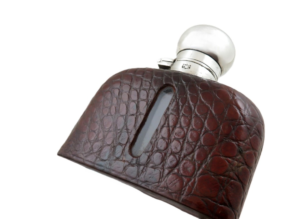 Antique Victorian Silver Plated & Crocodile Leather Hip Flask c1890 View III