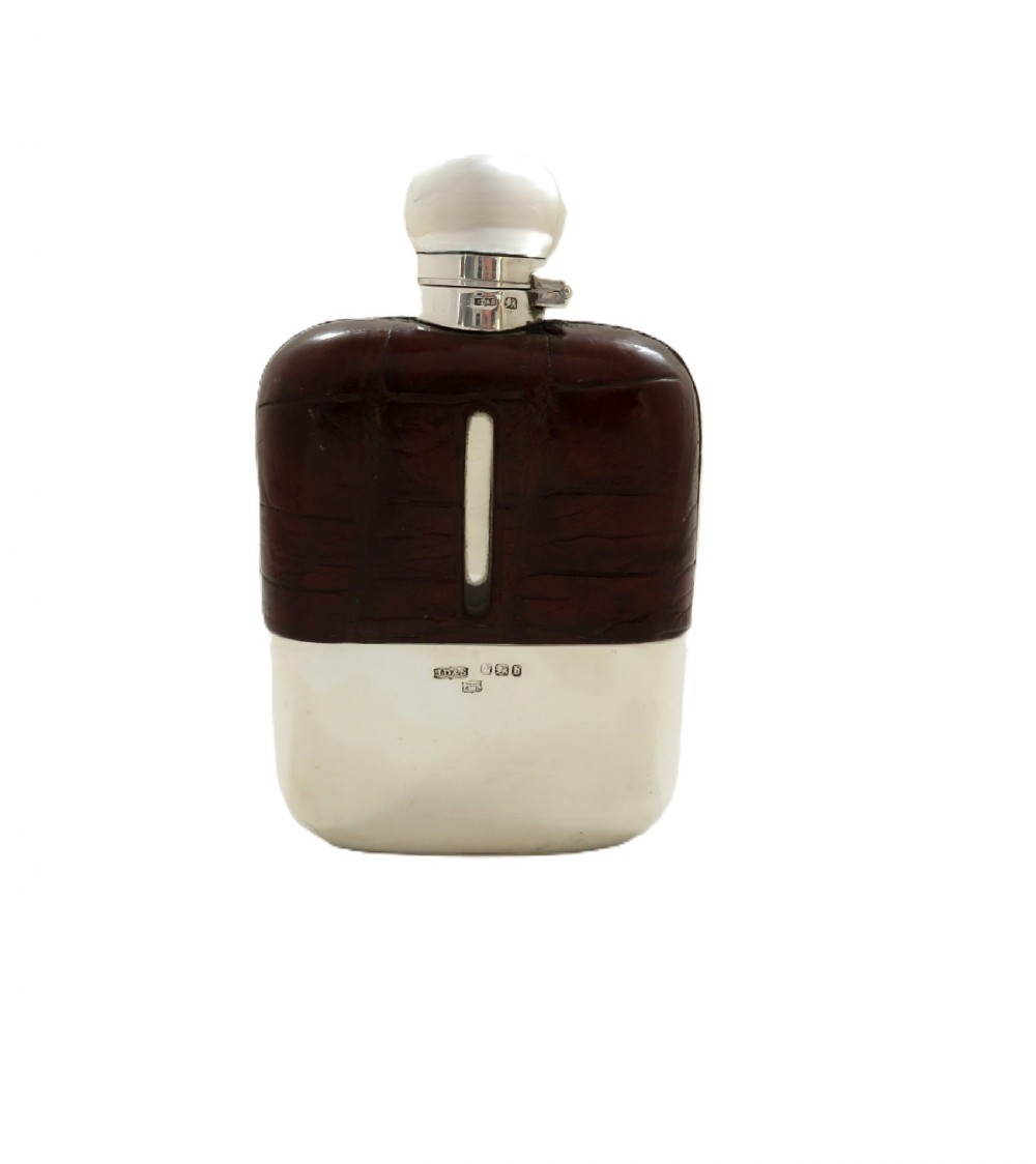Antique Victorian Sterling Silver & Crocodile Leather Hip Flask 1894 View V