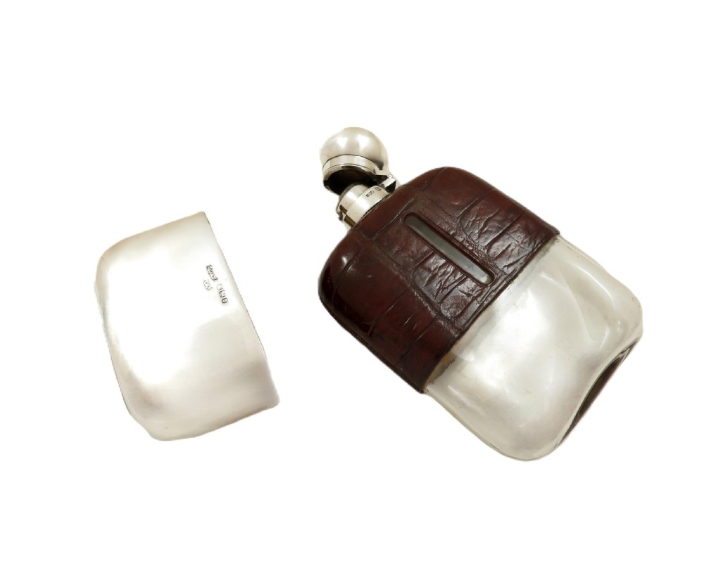 Antique Victorian Sterling Silver & Crocodile Leather Hip Flask 1894 View VII