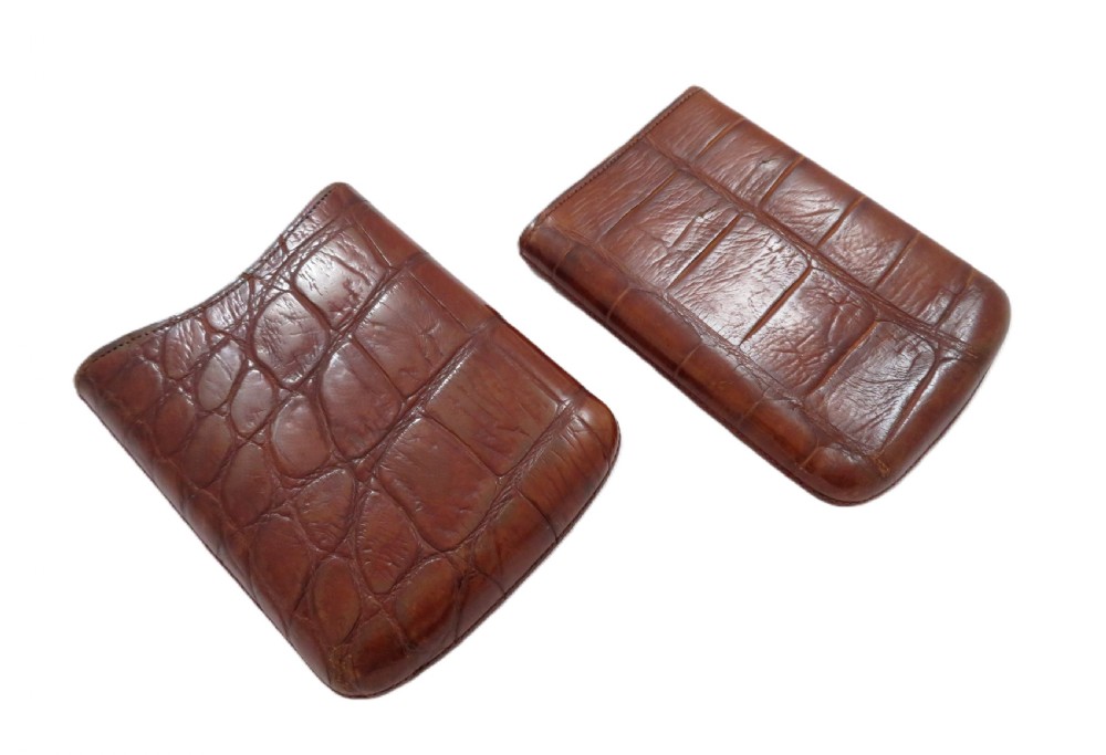 An antique Victorian warm brown crocodile leather pocket cigar case featuring a textured hide exterior and telescopic sleeve design. View IV