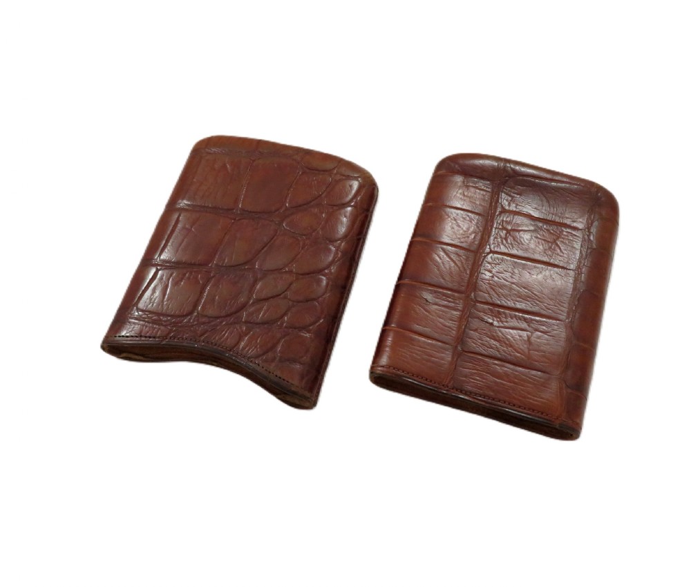 An antique Victorian warm brown crocodile leather pocket cigar case featuring a textured hide exterior and telescopic sleeve design. View VIII