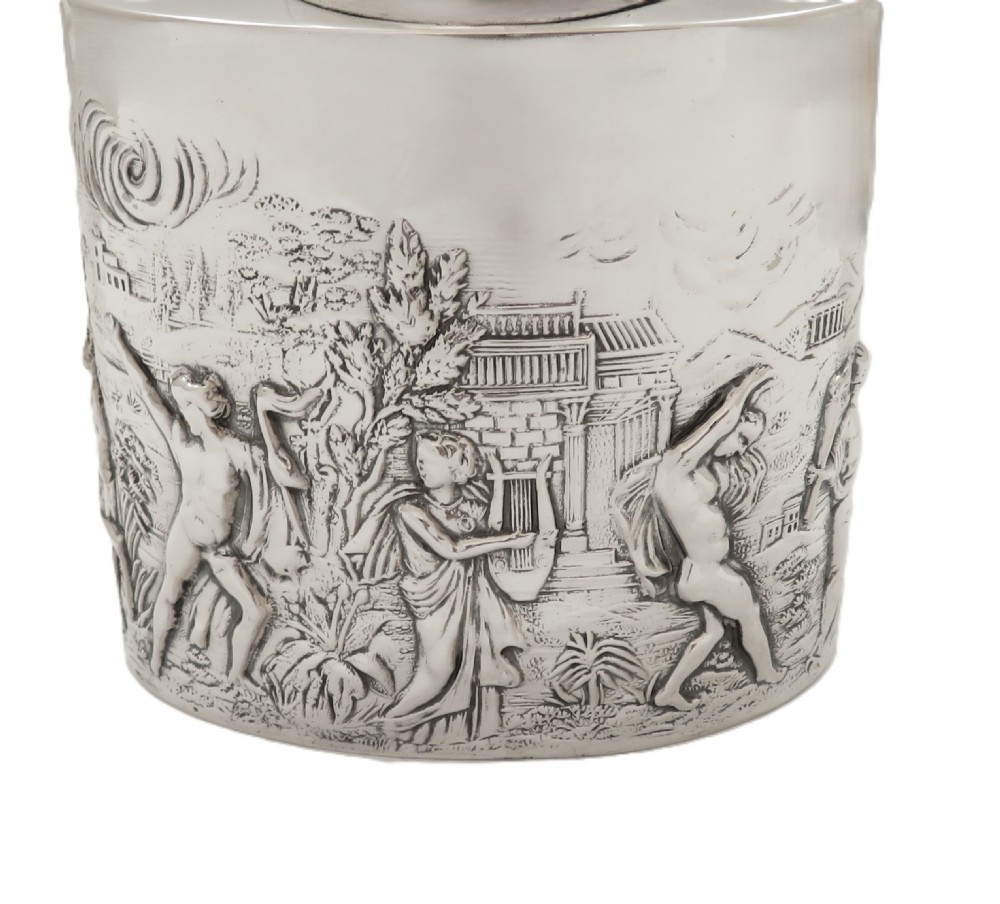 Antique Edwardian Sterling Silver Caddy with Roman Scenes 1901 View II