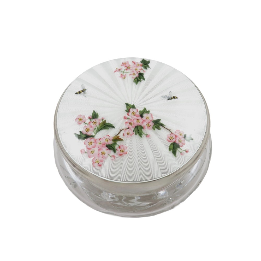 Antique Sterling Silver & Enamel Top Jar with Blossom & Bees