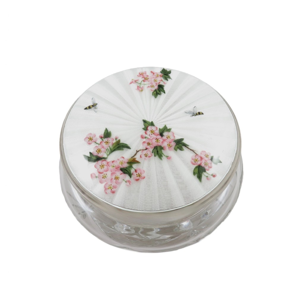 Antique Sterling Silver & Enamel Top Jar with Blossom & Bees View VII