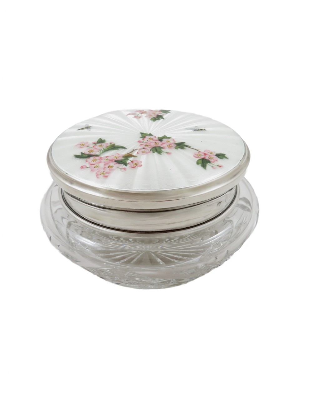 Antique Sterling Silver & Enamel Top Jar with Blossom & Bees View IX