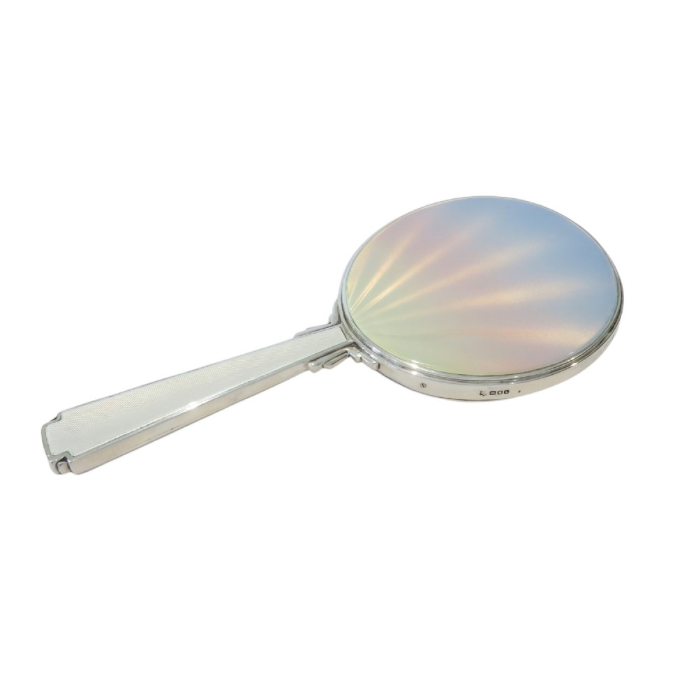 Antique Art Deco Sterling Silver & Enamel Hand Mirror 1935