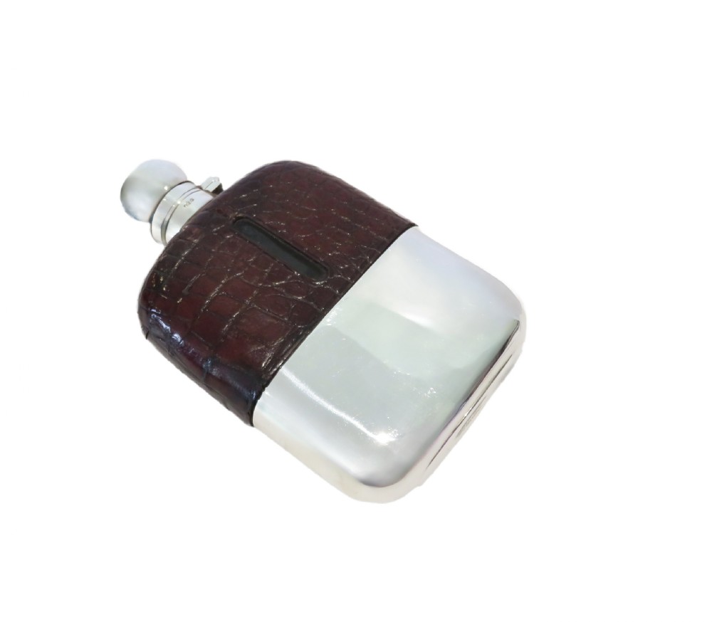 Antique Victorian Silver Plated & Crocodile Leather Hip Flask c1880