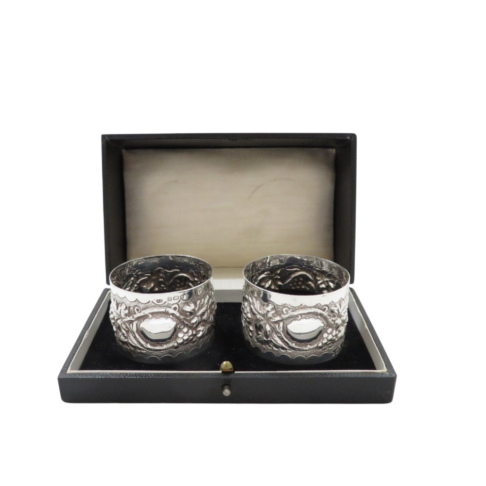 Pair of Antique Victorian 'Grape & Vine' Napkin Rings in Case 1900