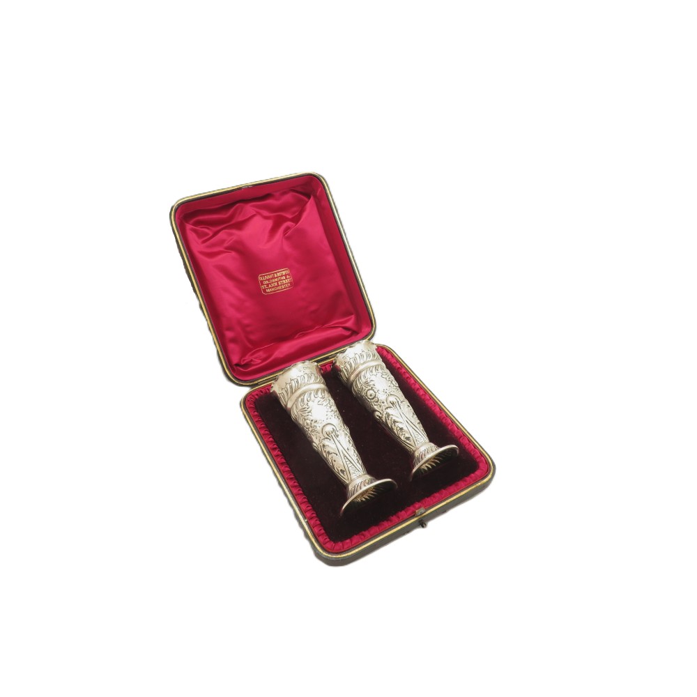 Pair of Antique Edwardian Sterling Silver Vases in Case 1901