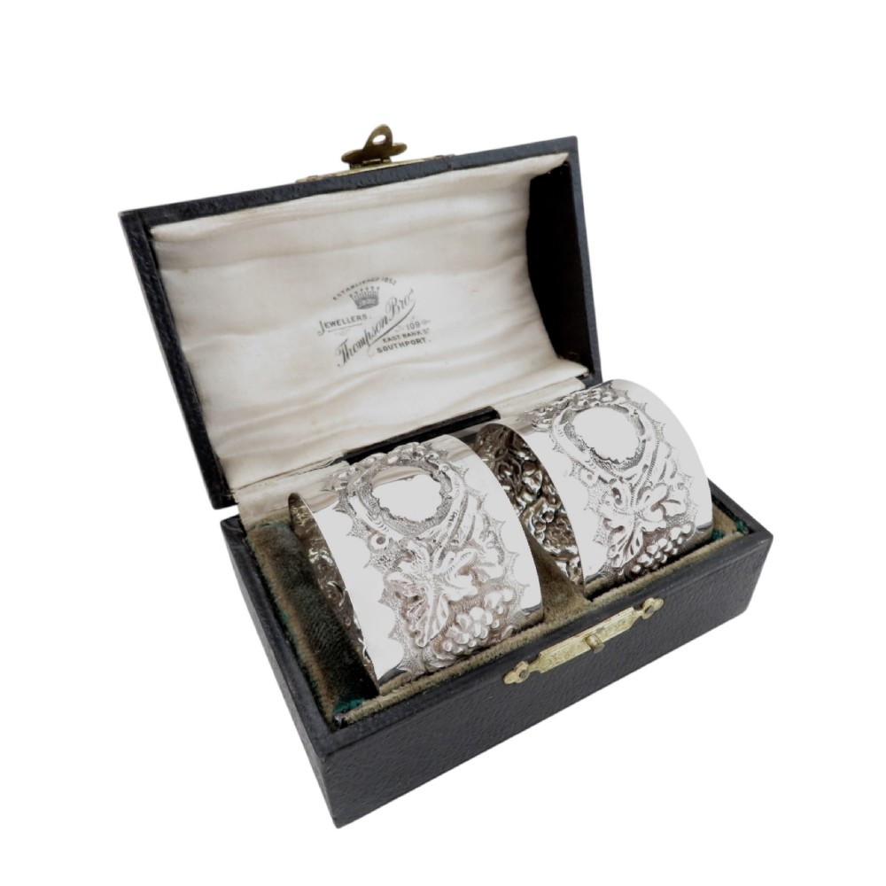 Pair of Antique Victorian Sterling Silver 'Grape & Vine' Napkin Rings in Case 1899 View XI