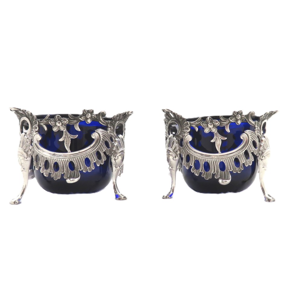Pair of Antique Victorian Sterling Silver Salts with Liners 1845