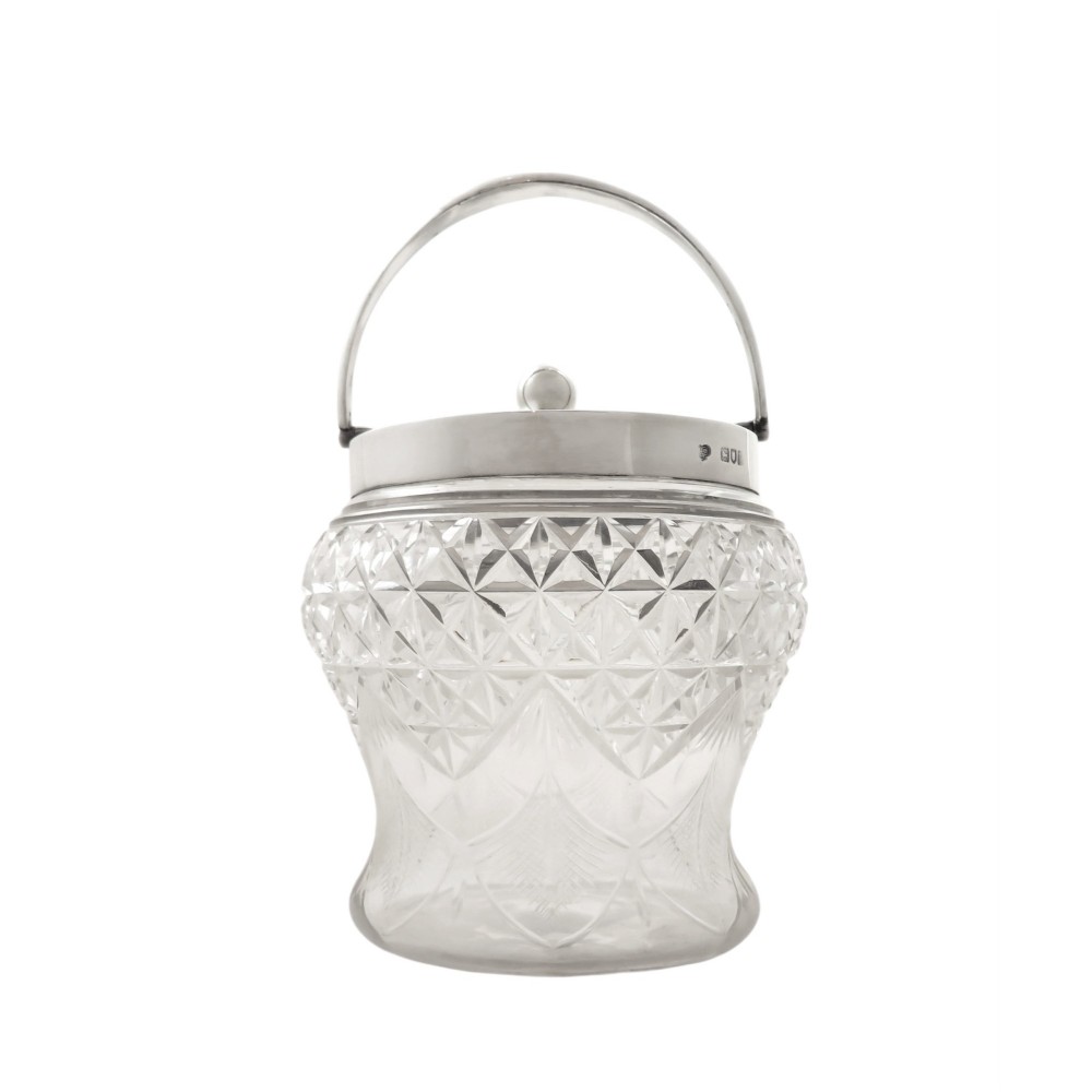 Antique Edwardian Sterling Silver & Cut Glass Biscuit Jar / Caddy 1907