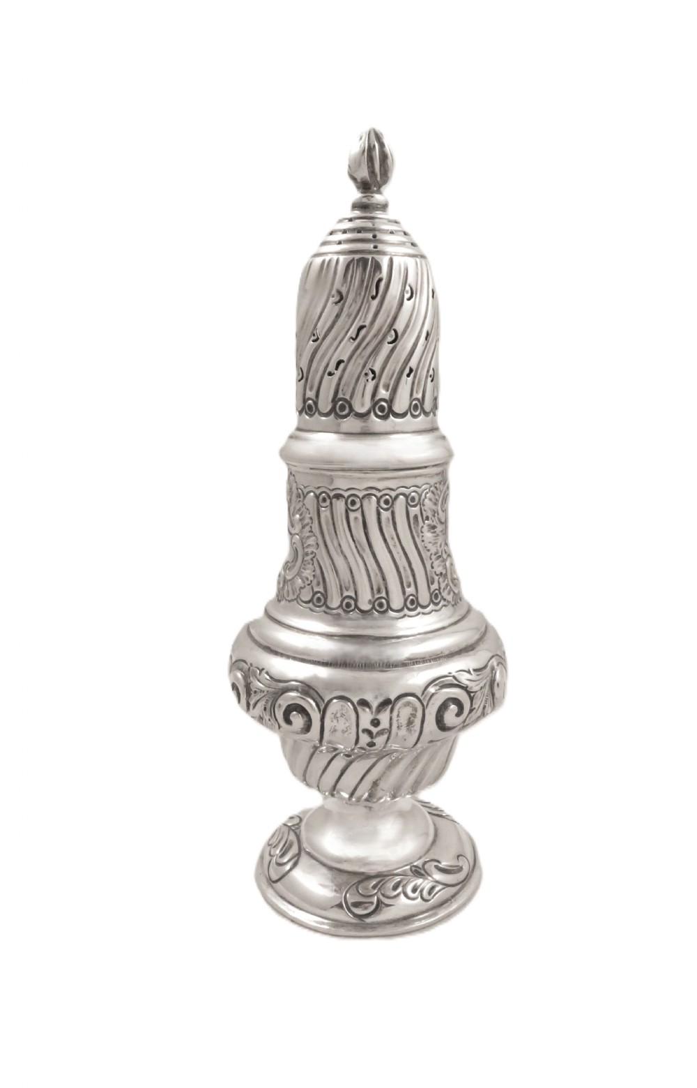 An Edwardian sterling silver sugar castor featuring a spirally fluted pierced dome lid, embossed scroll cartouche, and a turned pedestal foot. View V