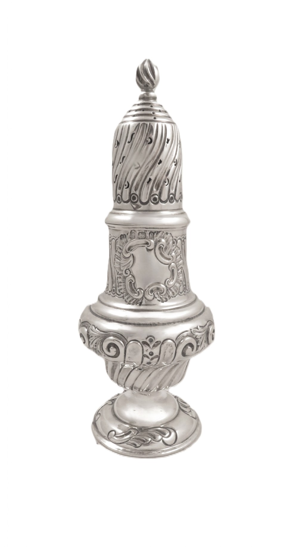 An Edwardian sterling silver sugar castor featuring a spirally fluted pierced dome lid, embossed scroll cartouche, and a turned pedestal foot. View VII