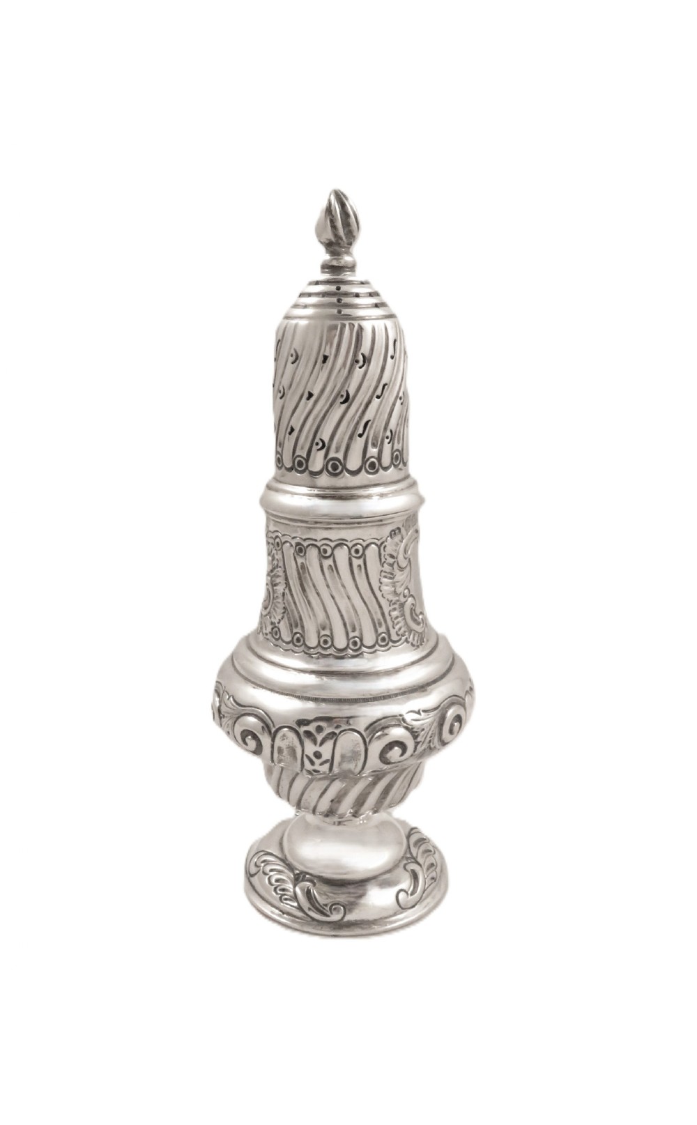 An Edwardian sterling silver sugar castor featuring a spirally fluted pierced dome lid, embossed scroll cartouche, and a turned pedestal foot. View X