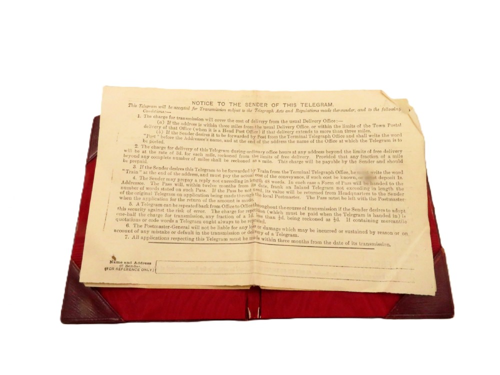 An Edwardian sterling silver telegram folder cover featuring relief scrollwork, floral motifs, and embossed lettering reading Telegrams. View VI